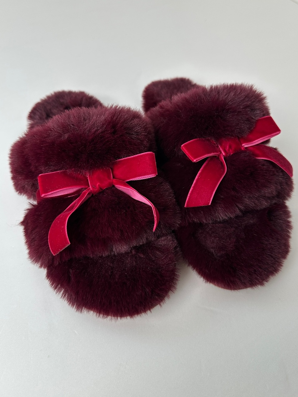 Maeve Anthropologie Burgundy Faux Fur Velvet Bow Slipper Slides Womens M 7/8